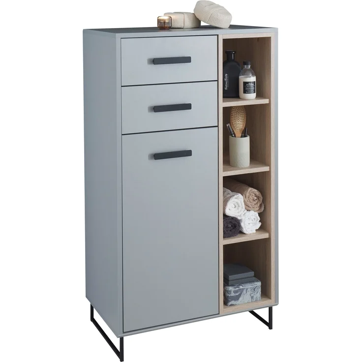 Badkommode >Tunis< Tür, 2 Schübe, 4 Fächer, grau matt / sonoma eiche - 65x116x38cm BxHxT – Bild 1