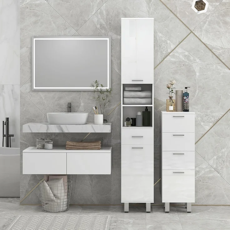 Kleankin Badkommode Badezimmerschrank (Badezimmer-Aufbewahrungsschrank, 1 St, mit Schublade, verstellbare Füße), 30 x 30 x 93 cm, Weiß – Bild 7