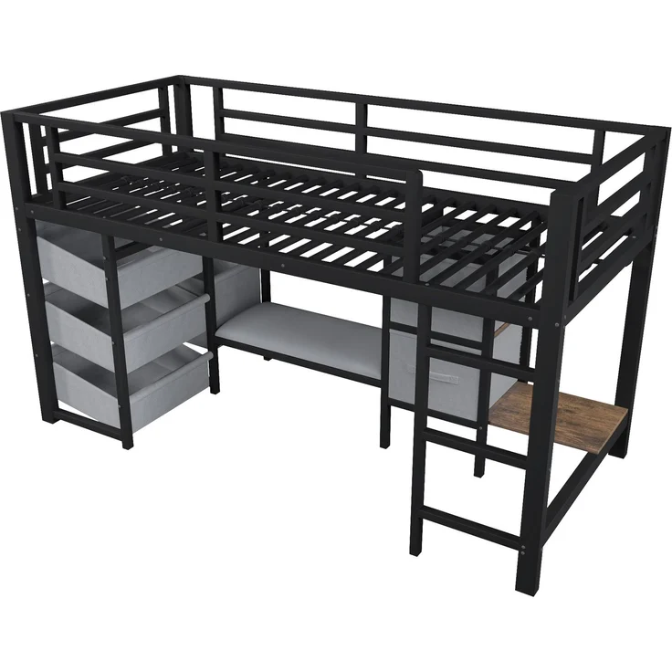 Kinderbett Halbhohes Bett 90x200 cm aus Metall mit LED-Beleuchtung, Sitzkissen, Stauraumschublade und Aufhängebereich – Bild 6