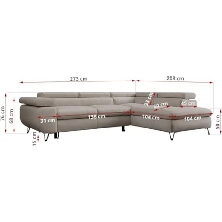 Mks Möbel 'Peter L-form' Ecksofa mit Bettfunktion, Bettkasten & einstellbaren Kopfstützen, Beige, Mikrofaser, links – Bild 4
