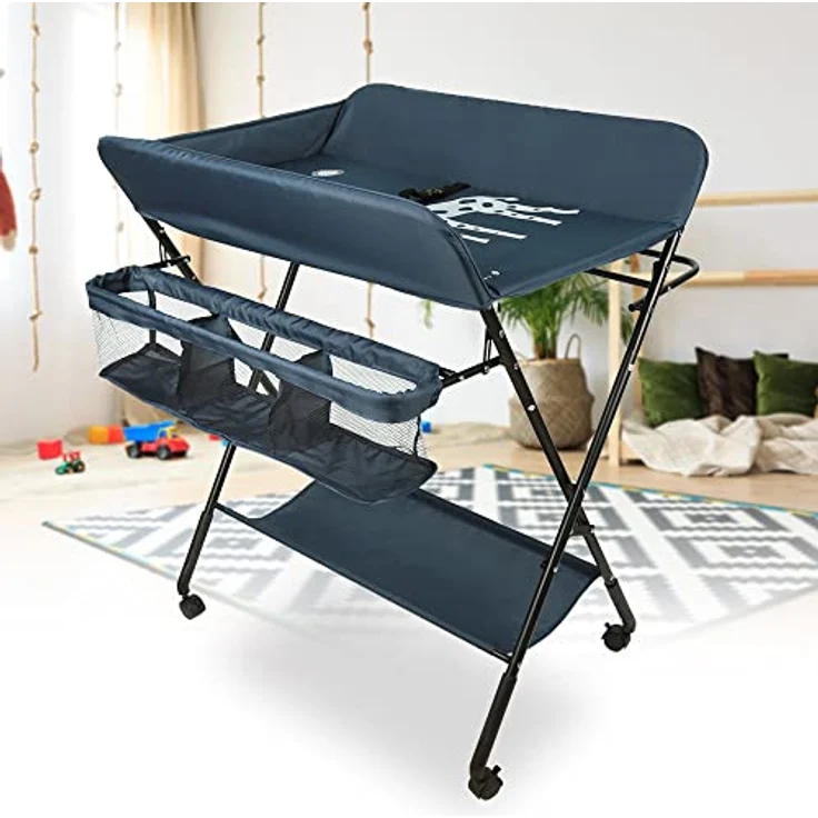 Wickeltisch Klappbarer und tragbarer, Wickelkommode Baby mit Motiv Giraffe, Höhenverstellbar, Wickeltisch mit Rollen Mobiler Wickeltisch, Tragbar Wickeltisch,80 * 66 * 98cm (dunkelblau) – Bild 8