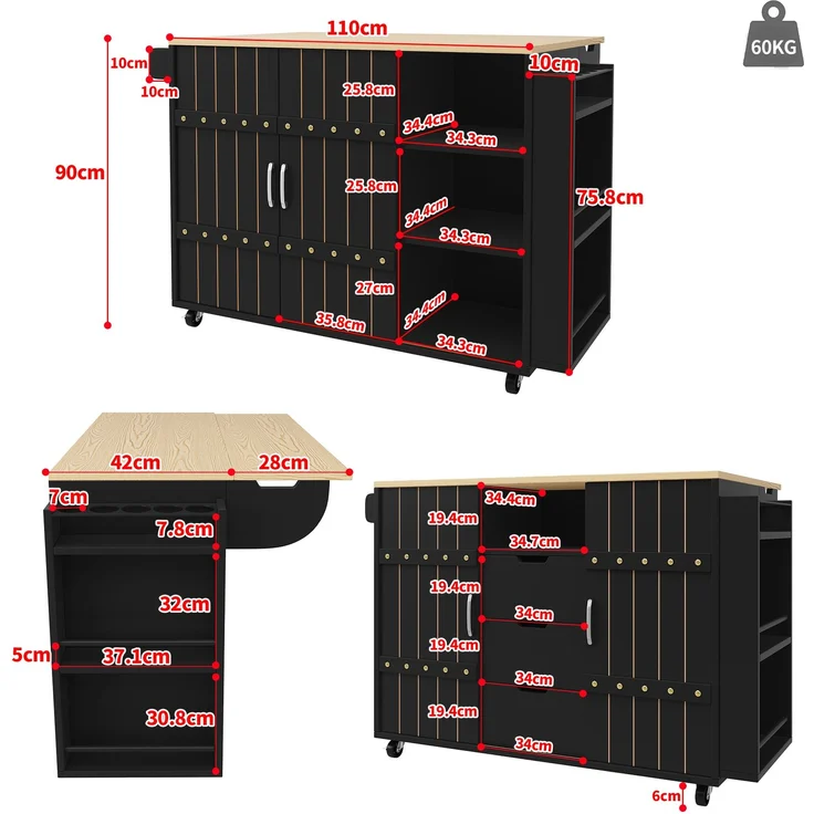 Kücheninsel 110 x 42 x 90 cm mit Schubladen, klappbarer Tischplatte & Schiebetüren – Multifunktionaler Küchenwagen – Bild 10
