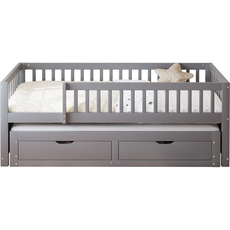 EINHOM Massivholz-Schlafsofa 90 x 200 cm, Vollverkleidetes Sicherheitsgitter, Ausziehbares Bett mit 2 Schubladen Darunter, mit Lattenrost, Kinderbett Jugendbett Gästebett Erwachsene, Grau (Ohne Matratze) – Bild 7