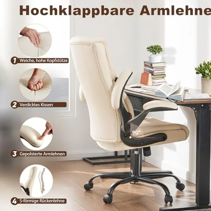 DUMOS Bürostuhl Pu-Leder Chefsessel mit Hochklappbaren Armlehnen Bürostuhle Leder mit Drehbaren Rädern Office Chair Ergonomic Geeignet für Büros Zuhause und Andere Umgebungen – Bild 7