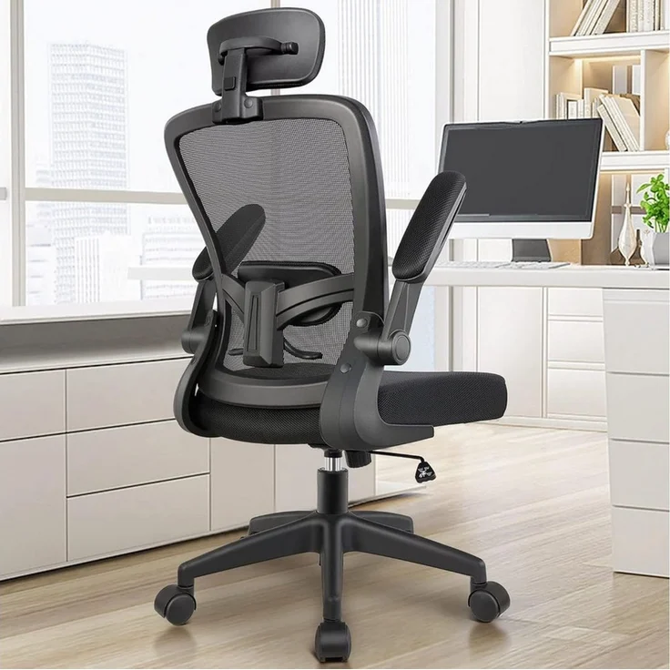 Vivitar Bürostuhl mit hoher Rückenlehne, verstellbarer Kopfstütze, Lendenwirbelstütze (10–15-Grad-Neigungsfunktion, flexibler Rückenlehne, stabiler Schreibtischstuhl), klappbaren Armlehnen, bequemer Bürostuhl mit atmungsaktivem Netzgewebe – Bild 1