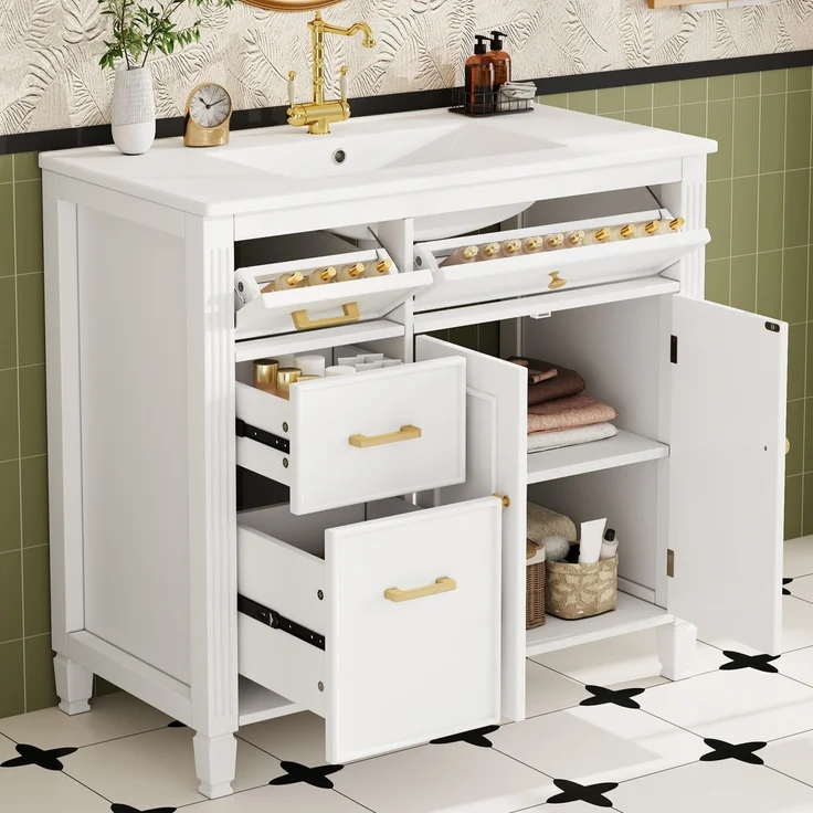 91*46,5*87 cm, freistehender Waschtisch, lackierte Oberfläche, integriertes Keramikbecken, Soft-Close-Scharniere, geräuschlose Auszüge, 3D-Rahmendesign, Klappschublade, weiß. – Bild 2