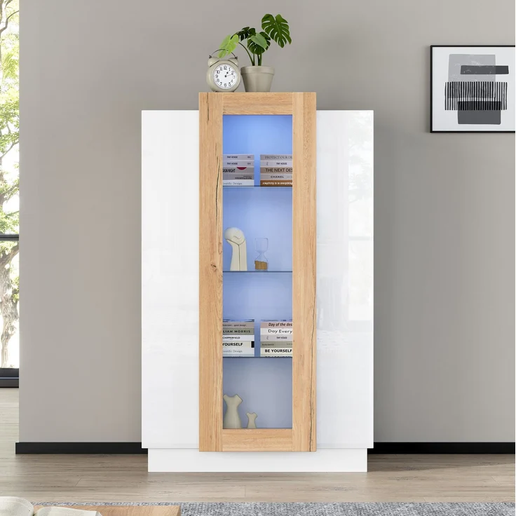 DESVIAE Vitrine mit LED-Beleuchtung und 3 Türen 74x120x40 cm Spanplatte Weiß/Natur – Bild 2