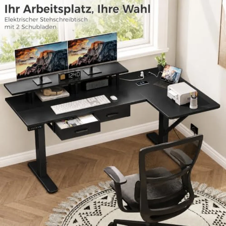IRONCK Höhenverstellbarer Schreibtisch L Form, Elektrischer Eckschreibtisch | Computertisch 150x90cm mit Steckdose USB-C Anschlüsse, Homeoffice Tisch mit Schubladen Monitorständer 3 Speicherhöhen Schwarz – Bild 3