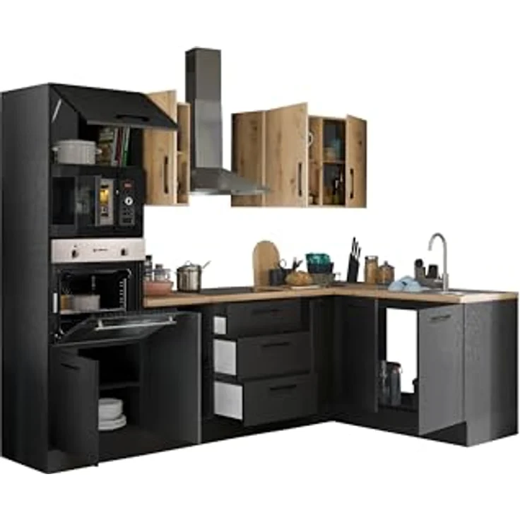 Turin LBM Eckküche 270 x 211 x 60 cm, schwarz - Ohne Küchengeräte - Moderne, geräumige Küche in Artisan-Eiche Optik mit viel Stauraum – Bild 3