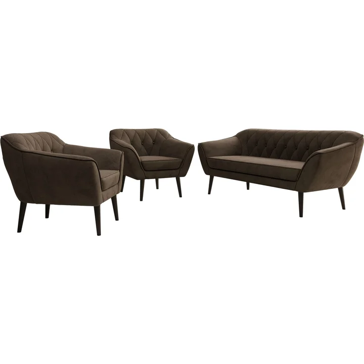 Wohnzimmerset PIRS 1-1-3, Skandinavisches 3-Sitzer Sofa mit Sesseln, Sofa mit Wellenfederung, schwarze Füße, Skandinavisches Möbelset - Braun Velvet – Bild 6