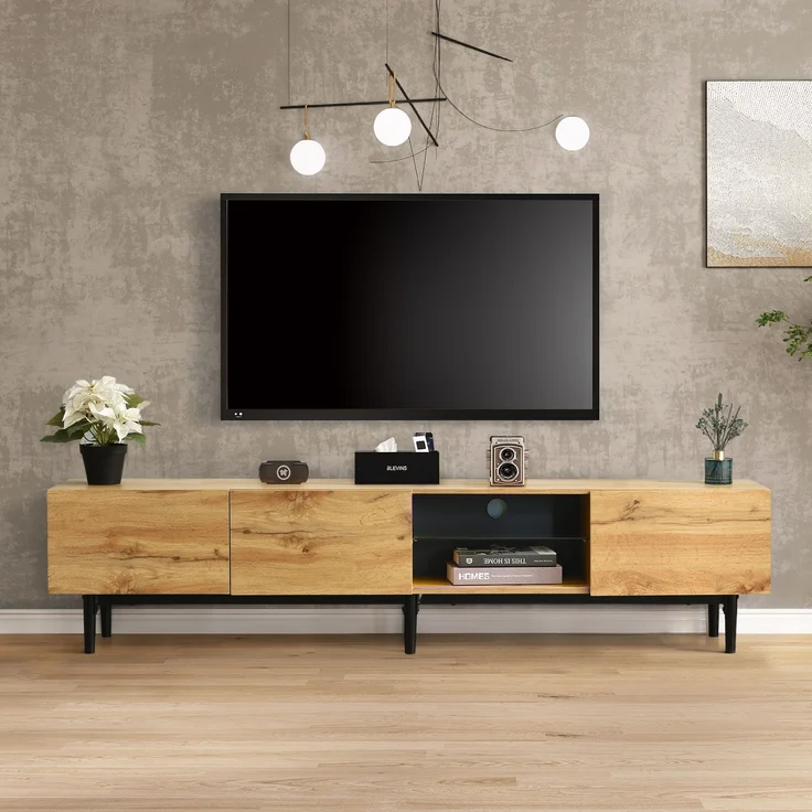 Moderner TV-Schrank aus MDF mit Holzmaserung, 175 x 31 x 41 cm, variable LED-Leuchten in 7 Farben, 175x31x41cm, Helle Eiche – Bild 5