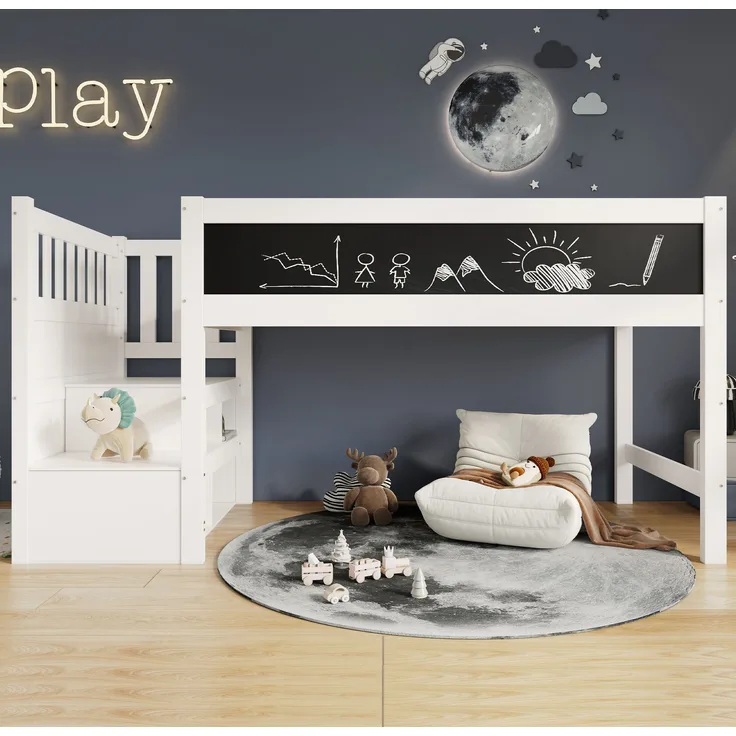 Bett 90x200 cm Hochbett mit Stauraum und Tafel – umbaubare Leiter, Lattenrost inklusive, Weiß