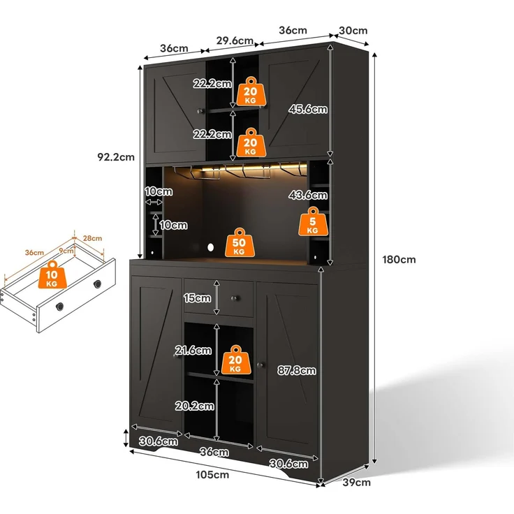 Merax 180cm Küchenschrank, Hochschrank, Weinschrank mit verstellbaren Einlegeböden, Schublade, Edelstahl-Weinglashalter, Weinflaschenfächern, farbwechselnder LED-Beleuchtung und Steckdosen, Schwarz – Bild 4