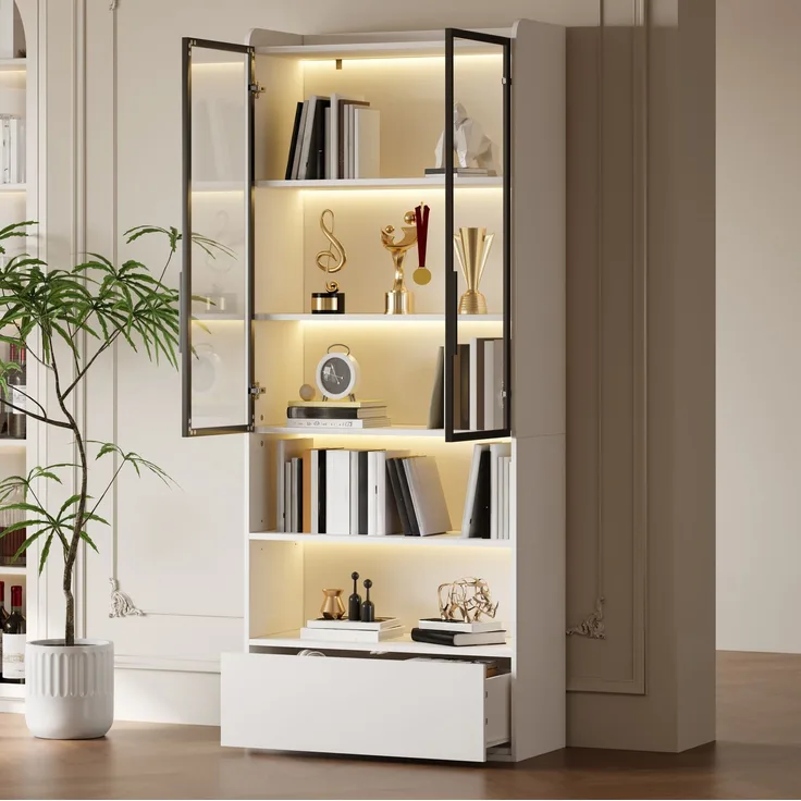 Vitrine 80 x 34 x 180 cm in Weiß mit Glastür, Schublade und LED-Beleuchtung