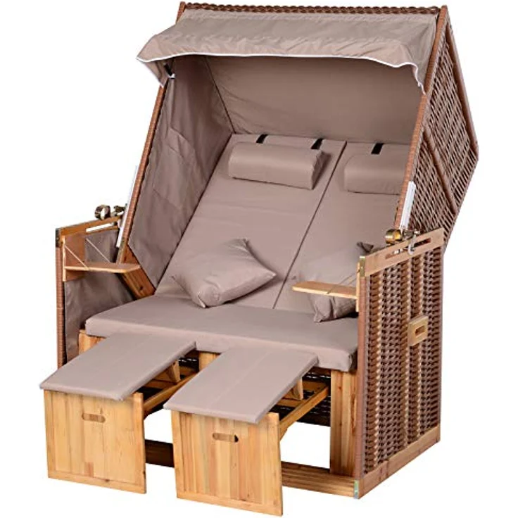 Outsunny Strandkorb Volllieger Gartenliege mit Klapptischen, verstellbarer Rückenlehne und Fußstützen, PE Rattan Beige 118 x 79 x 50 cm – Bild 1