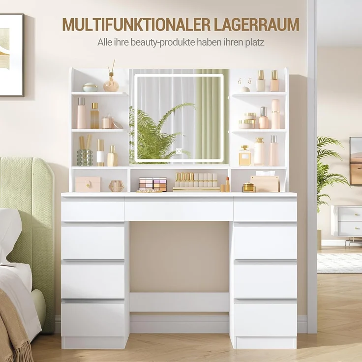 Großer Schminktisch mit LED-Beleuchtung, 3 Farben, Helligkeitsregulierung, Schminktisch mit Spiegel, 9 Schubladen, 9 offenen Ablagen, Moderner Stil, Weiß-Silber – Bild 4