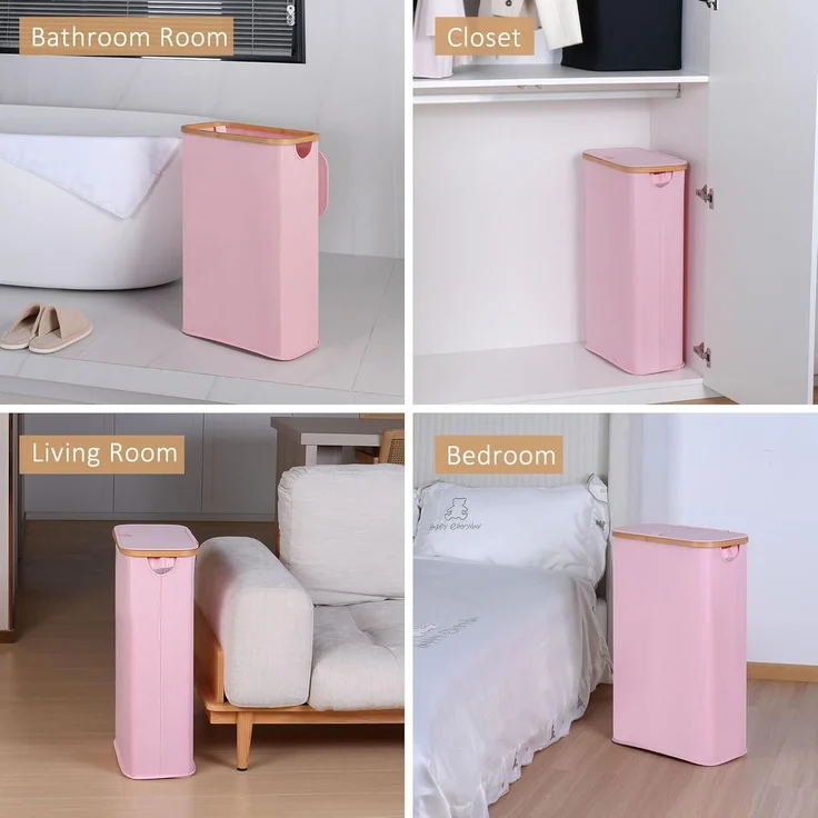 Wäschekorb mit Deckel 60L Rosa Bambusgriff Faltbarer Slim für Schlafzimmer – Bild 6