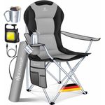 KESSER® Campingstuhl faltbar bis 150 kg Angelstuhl Faltstuhl Klappstuhl Gepolstert mit Armlehnen, Campinglicht und Getränkehalter + Tasche mit hoher Rückenlehne, Strandstuhl, Klapphocker Grau / Schwarz