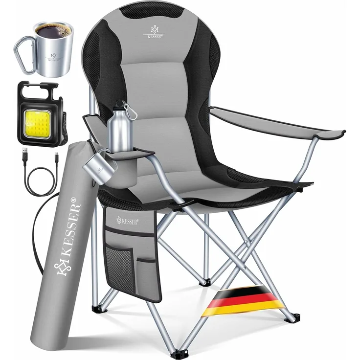 KESSER® Campingstuhl faltbar bis 150 kg Angelstuhl Faltstuhl Klappstuhl Gepolstert mit Armlehnen, Campinglicht und Getränkehalter + Tasche mit hoher Rückenlehne, Strandstuhl, Klapphocker Grau / Schwarz
