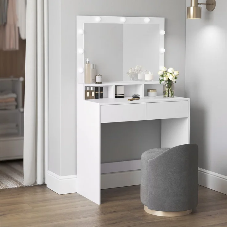 Vasagle Schminktisch mit 9 LED-Glühbirnen und Spiegel, Holz weiß, 140 x 80 x 40 cm – Bild 10