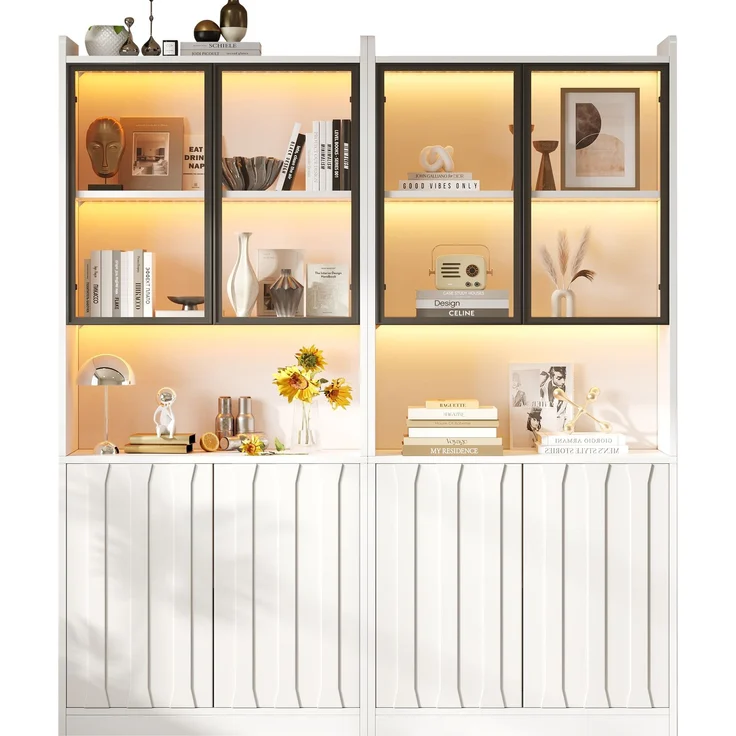 Vitrine 2er-Set, LED Vitrine, Hochschrank mit Glasschranktüren, Hochschrank Glasvitrine mit LED und Offene Partition,Wohnzimmerschrank mit Glastüren, Küche, Eingangsbereich,Weiß ,160x35x200cm--Weiß--160x35x200cm--YOUDENOVA – Bild 8