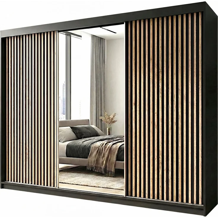 A&J MöbelLand GmbH Schiebetürenschrank FARA 200 cm mit 3D-Lamellen und Spiegelfront (TOP ANGEBOT! Geräumiger Schrank mit einer Breite von 200 cm ideal zur Aufbewahrung von Kleidung und Accessoires. Wählen Sie das ideale Modell für Ihr Schlafzimmer!, TO... – Bild 1