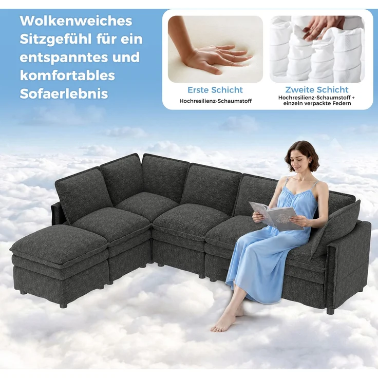 ZUBALIYA Wohnlandschaft 127x91 cm, mit Chenille - Bezug, mit Samtbezug, mit breiten Armlehnen, modular aufgebaut, Beige – Bild 11