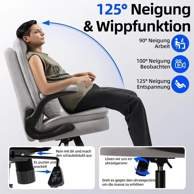 Bürostuhl Ergonomisch Hochklappbare Armlehne & Hohe Rückenlehne 150 kg Grau – Bild 7