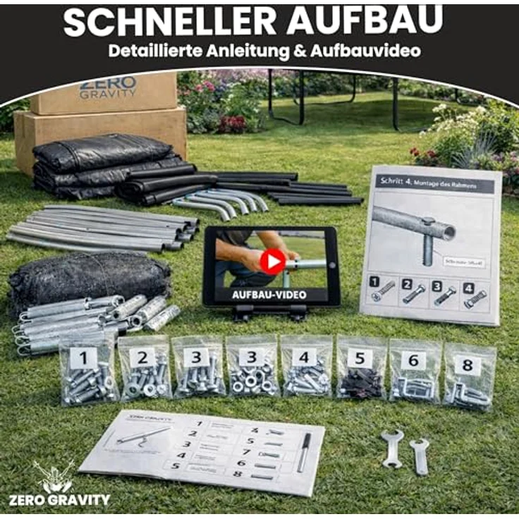 Zero Gravity Gartentrampolin Oval 305x213/366x244/457x366 cm, inkl. Leiter, TÜV GS, smarter & schneller Netzabbau für Outdoor-Nutzung – Bild 7