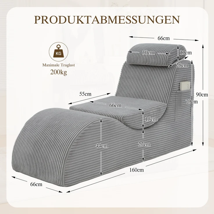 LVHOM Relaxsessel Ergonomisches Design, Lesesessel mit verstellbarer Kopfkissen und Sitzkissen, Fernsehsessel mit Seitentasche, Cord Bezug, bis 200kg belastbar – Bild 6