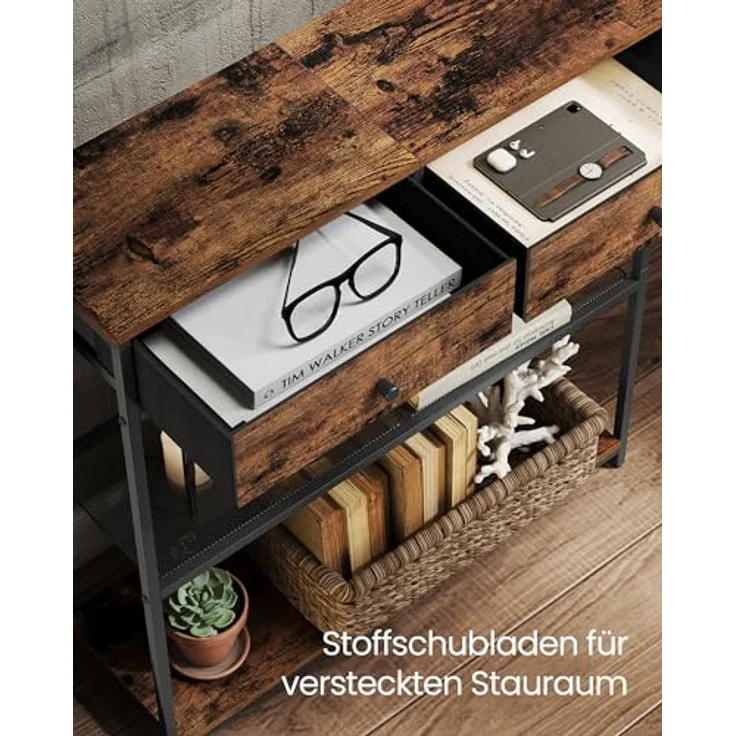 VASAGLE Konsolentisch schmal, Beistelltisch mit 2 Stoffschubladen, Flurtisch, 24 x 76 x 80 cm, für Flur, Wohnzimmer, vintagebraun-tintenschwarz – Bild 5