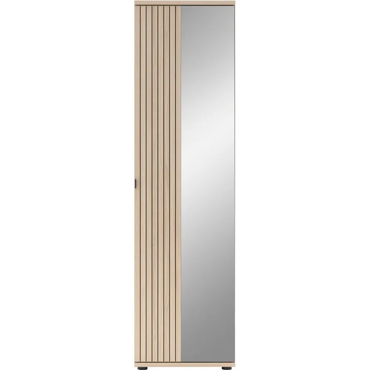 PISA Garderobenschrank mit ausziehbarer Kleiderstange in Basalt matt mit Leistenoptik Riva Eiche – FSC-Zertifiziert – Moderner Flurschrank mit 5 Fachböden – 55 x 202 x 38 cm (B/H/T) – Bild 2