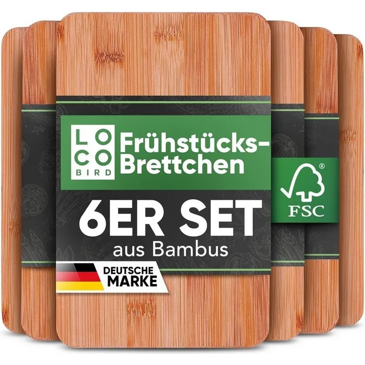 Loco Bird Frühstücksbrett 6er Set - 22 x 14cm, Bambus, (Antibakterielles Frühstücksbrett aus Holz, 6-St, Brettchen), Holzbrettchen für die Küche