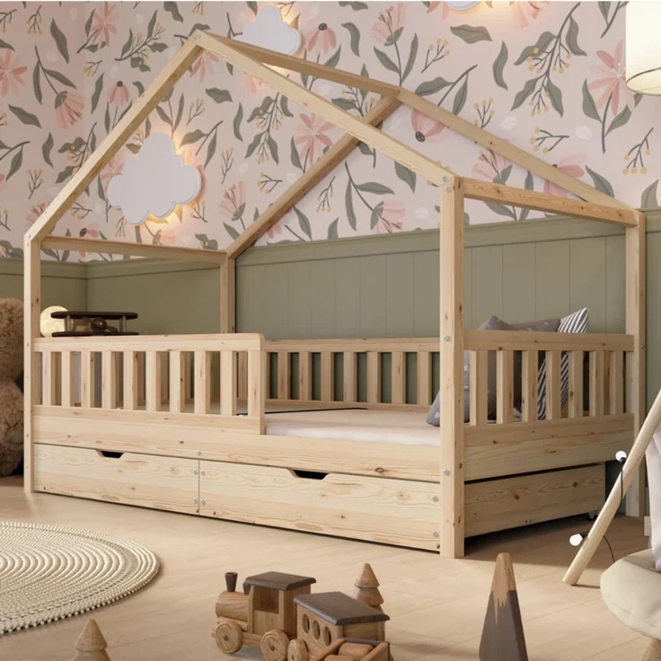 Crazy Pine 'Crazy House' Hausbett mit abnehmbaren Rausfallschutz, Naturholz, Natur, 90x200 cm, mit Schubladen – Bild 1