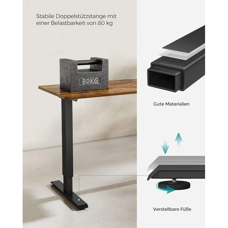 SONGMICS Höhenverstellbarer Schreibtisch elektrisch, Tischgestell, Schreibtischständer mit Motor, stufenlos verstellbar, 120 x 60 x (73-114) cm, Stahl, vintagebraun-schwarz LSD011B01 – Bild 8