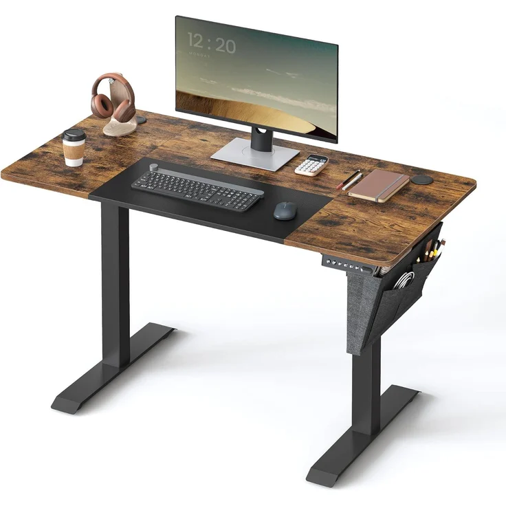 Songmics Höhenverstellbarer Schreibtisch, elektrisch, stufenlos verstellbar, gespleißte Platte, 4 Höhe gespeichert, Stofftasche, 120 x 60 x (72-120) cm, aus Stahl, vintagebraun-schwarz LSD015X01 – Bild 1