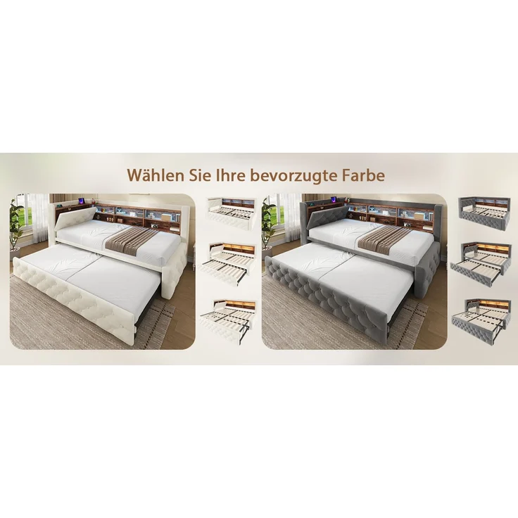 ZUBALIYA Tagesbett, mit Stauraum, mit LED-Beleuchtung, mit USB-C-Anschluss, inklusive Lattenrost, mit Schlaffunktion, Liegefläche 90 × 190 cm, H 84 × T 211 × B 181 cm, Beige, Samt – Bild 17