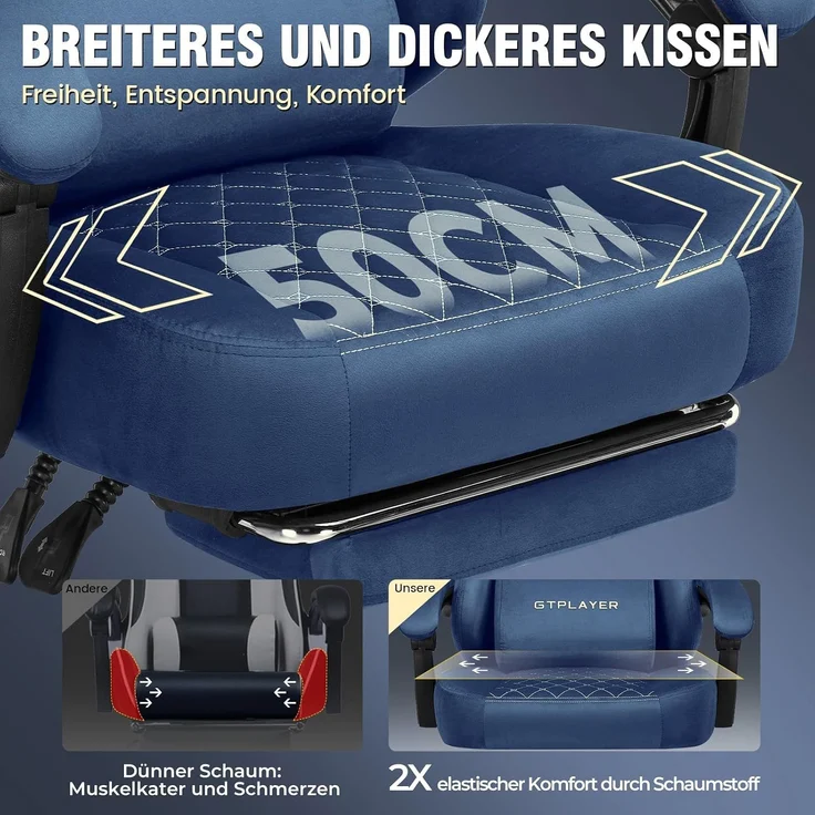 GTPLAYER Gaming Stuhl Stoff Gaming Chair Ergonomisch Bürostuh PC Stuhl, 150kg Belastbarkeit, Verstellbarer und Drehbarer Schreibtischstuh mit Federsitzkissen und Fußstütze, BLAU – Bild 6