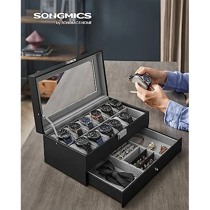 SONGMICS Uhrenbox Uhrenkasten, mit 2 Ebenen, 12 Fächer und 1 Schublade – Bild 3