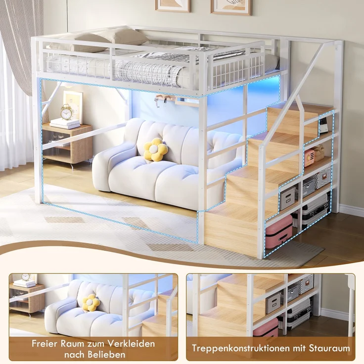 U-life Hochbett 140x200 cm, Eisenrahmen, LED-Beleuchtung, Treppenkonstruktionen, Freier, Metall, Weiß – Bild 5