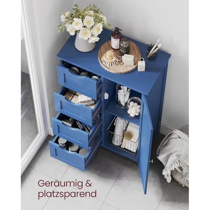 Vasagle Badezimmerschrank, schmaler Badschrank, Beistellschrank, Kommode, mit Schubladen, Schranktür, verstellbare Ablage, x x cm,, Hafenblau, 3 – Bild 5