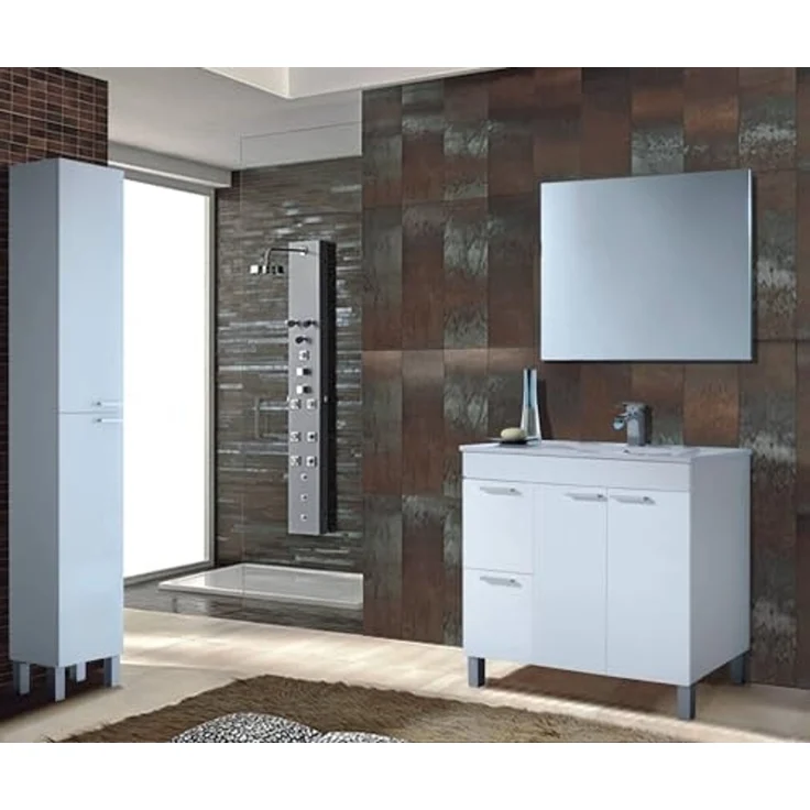 Dmora - Lakewood Waschtischunterschrank, Badezimmerschrank, 2-türiger Kleiderschrank mit zwei Schubladen mit Spiegel, Waschbecken nicht im Lieferumfang enthalten, 80 x 45 x 80 cm, glänzendes Weiß – Bild 6