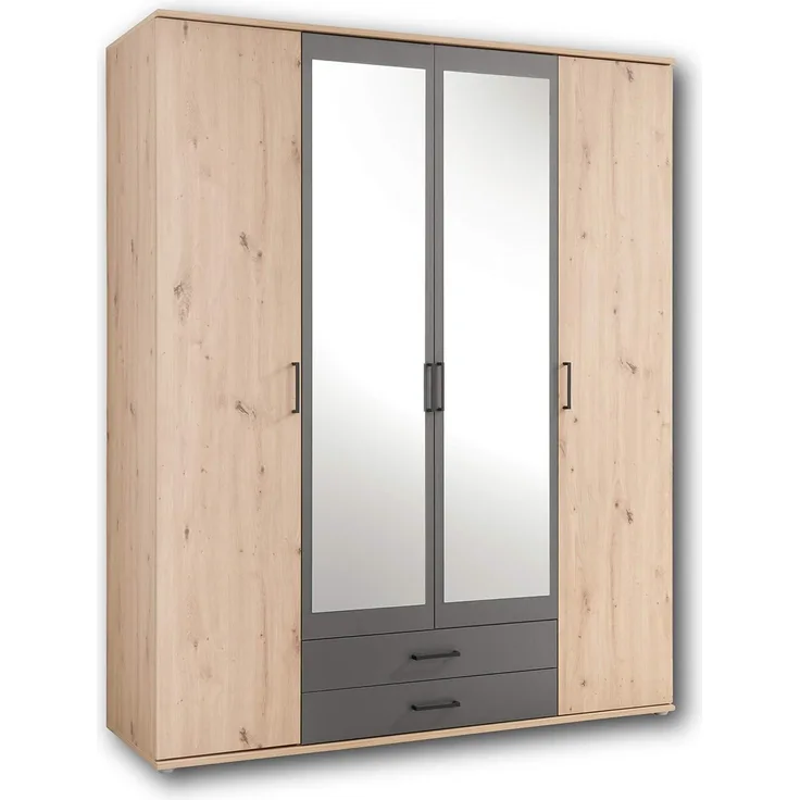 POL Power 'Chicago' Kleiderschrank mit Spiegel, 4-türig, Artisan Eiche/Anthrazit grau, 159 x 197 x 54 cm (B/H/T)