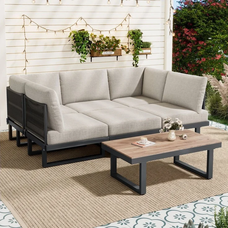 BBWL Gartenlounge-Set Ecksofa mit Liegebett Funktion,Couchtisch Glas,Graubeige, Gartenmöbel Lounge Set,Stahlrahmen,Outdoor Relaxbett wetterfest – Bild 3