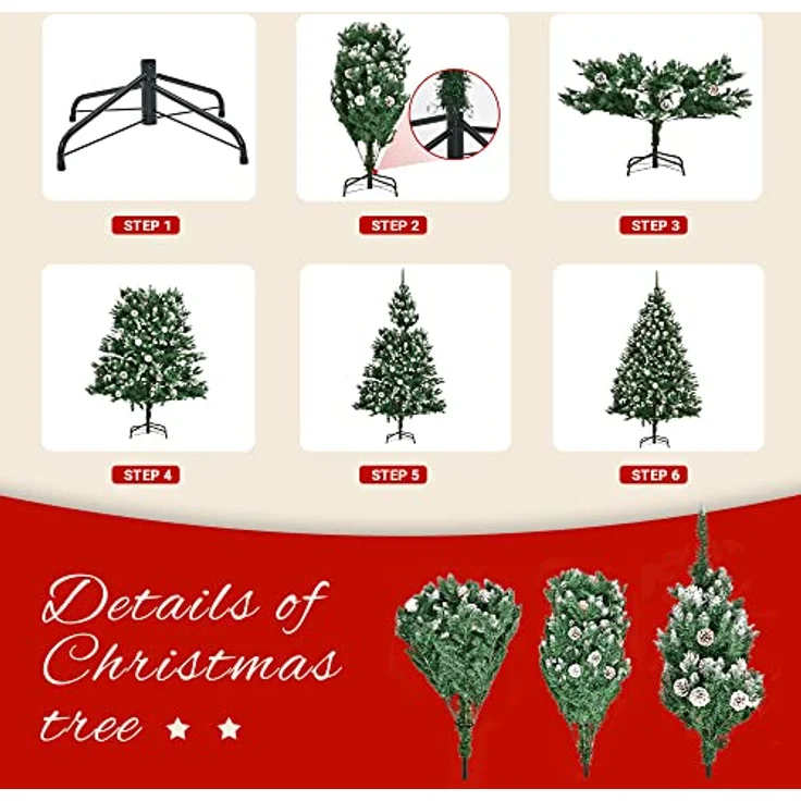 GIGALUMI Künstlicher Weihnachtsbaum mit Schnee-Effekt 150cm 760 Spitzen Tannenbaum mit beschneiten Ästen und Tannenzapfen inkl. Metallständer – Bild 6