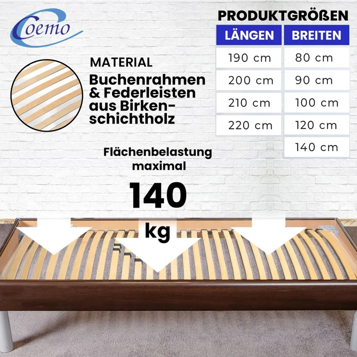Coemo BASIC Lattenrost 80x210 cm starr nicht verstellbar 30 Leisten zur Selbstmontage – Bild 6