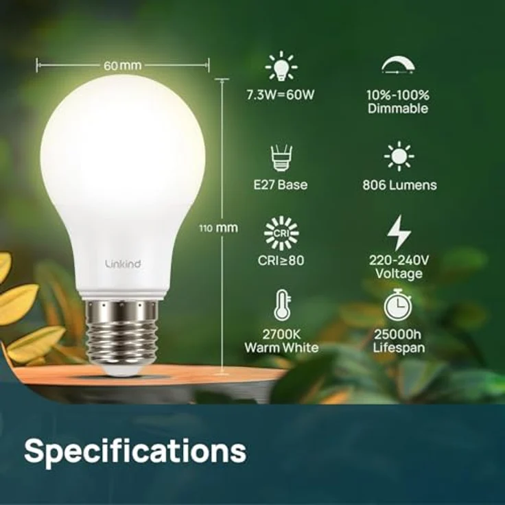 Linkind Dimmbar E27 LED Lampe 7.3W (ersetzt 60W), 2700K Warmweiß 806Lm A60 Edison Birne mit 220°, Dimmbar E27 Leuchtmittel, matt, 6 Stück – Bild 3