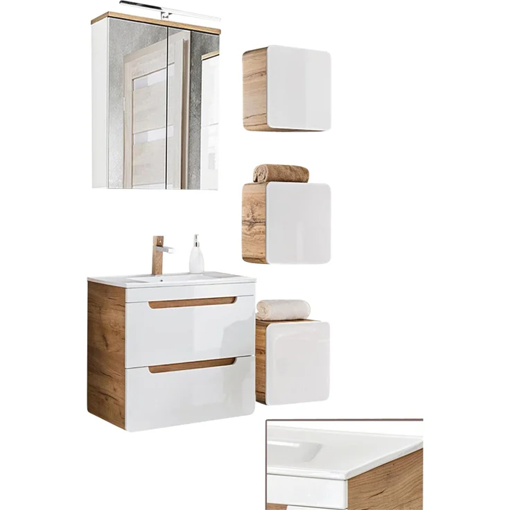Badmöbel Set Hochglanz weiß mit Wotan Eiche Nb. LUTON-56 mit 61 cm Waschtisch und LED-Spiegelschrank, B/H/T ca. 110/200/46 cm – Bild 7