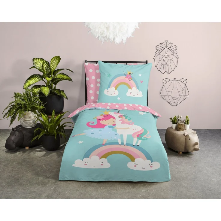 Soma Renforcé Pastell Bettwäsche-Set 2 teilig Bettbezug 2tlg 135x200 cm Kopfkissenbezug 80x80 cm (Einhorn Regenbogen blau rosa) – Bild 1