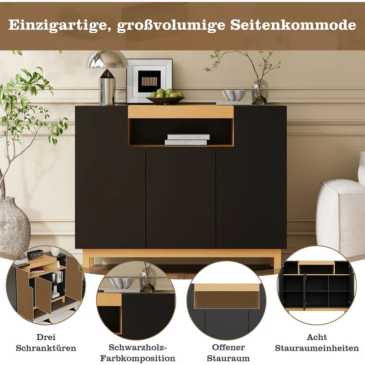 Merax Sideboard, Drei Türen, Geeignet für Wohn- und Esszimmer, Multifunktionales Aufbewahrungsmöbel, Schwarz – Bild 8